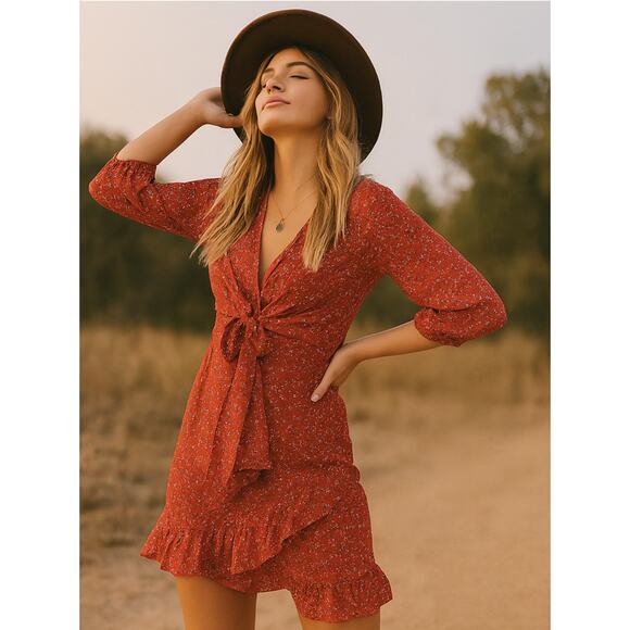 Free People Dresses & Skirts - Free People Small Tunic Faux Wrap Red Mini Dress Ditzy Floral Ruffle Boho Classy